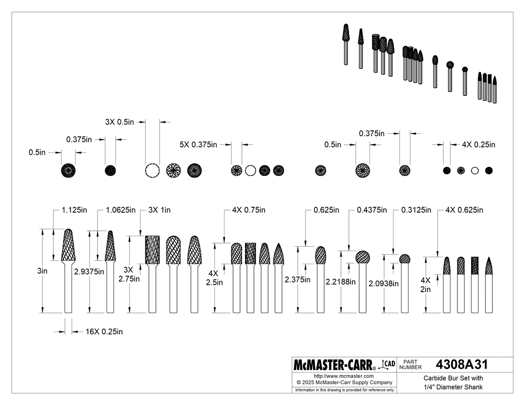 Technical Drawing of Carbide Bur Set with 1/4" Diameter Shank, 16 Pieces, Double-Cut Tooth.